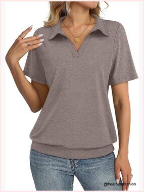 Short Sleeve V-Neck Polo Shirt Banded Bottom Business Casual Top